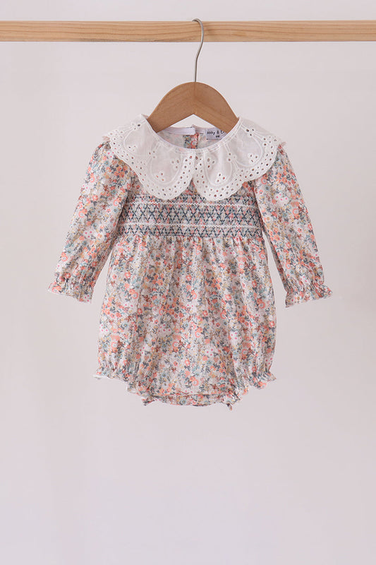 Baby Girl Collared Long Sleeve Floral Smocked Lace Bubble