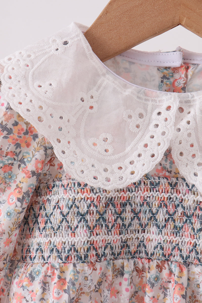Baby Girl Collared Long Sleeve Floral Smocked Lace Bubble