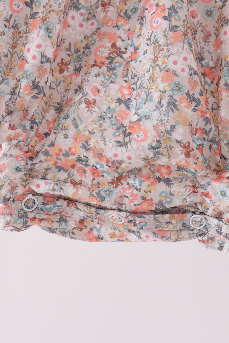 Baby Girl Collared Long Sleeve Floral Smocked Lace Bubble
