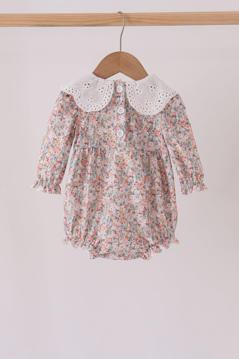 Baby Girl Collared Long Sleeve Floral Smocked Lace Bubble