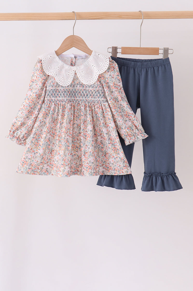 Girls Long Sleeve Floral Smocked Lace Ruffle Pants Set
