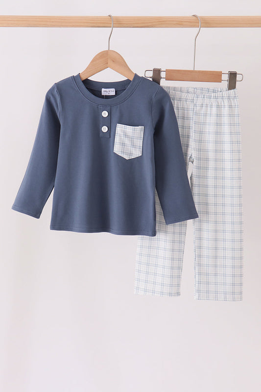 Boys’ Long Sleeve Teal Pocket Plaid Pants Set