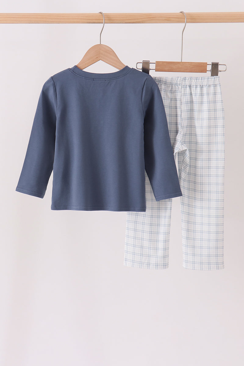 Boys’ Long Sleeve Teal Pocket Plaid Pants Set