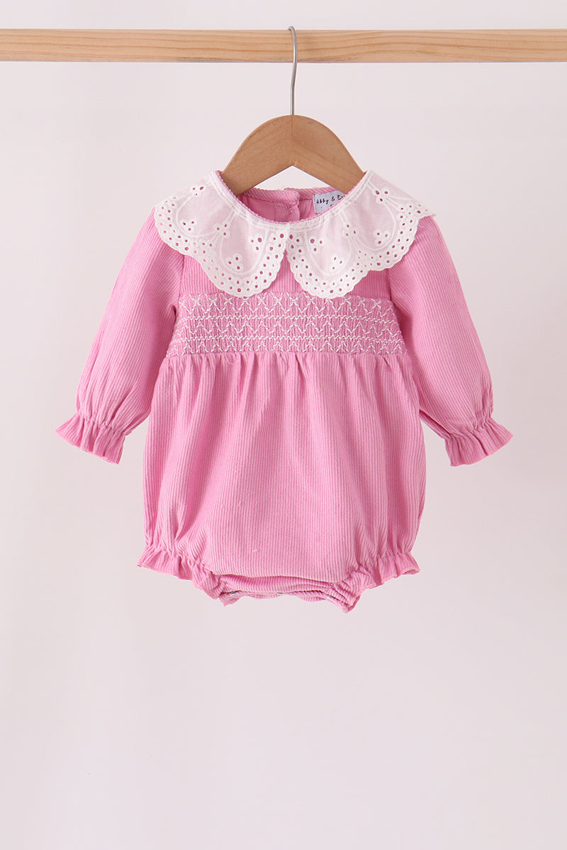 Baby Girl Pink Corduroy Lace Smocked Bubble