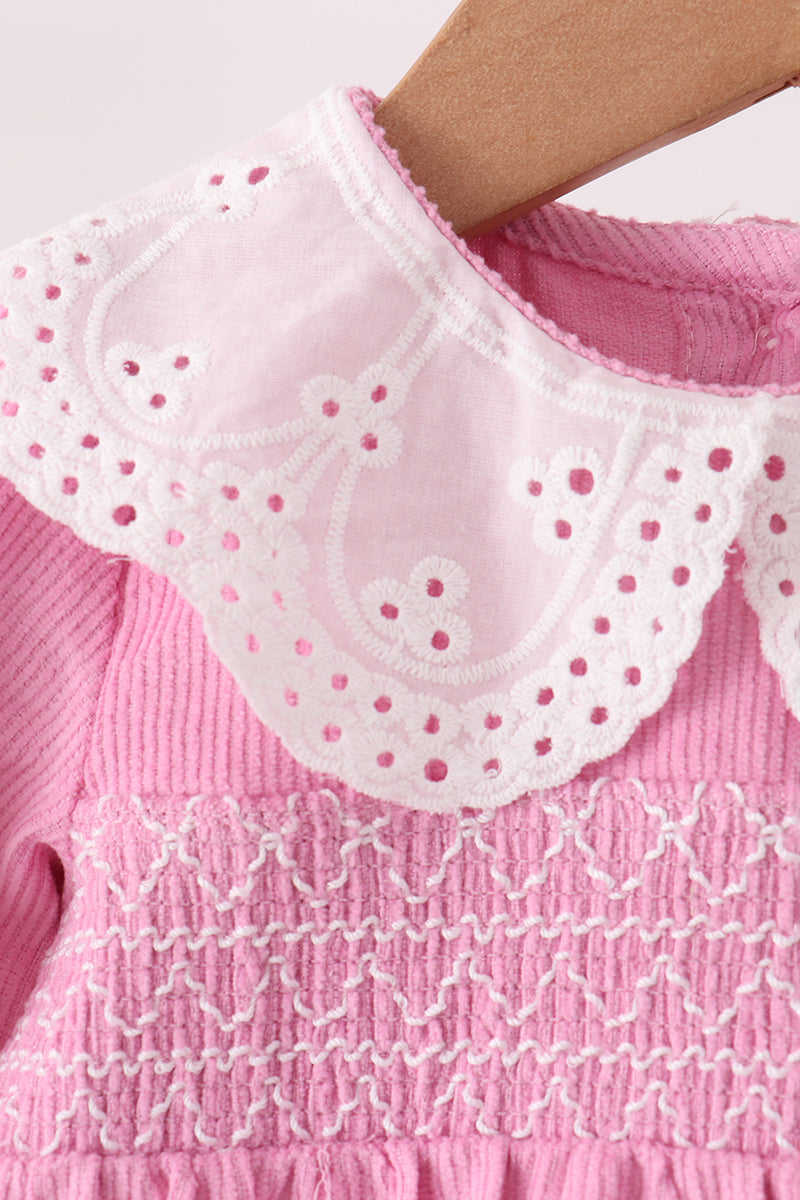 Baby Girl Pink Corduroy Lace Smocked Bubble