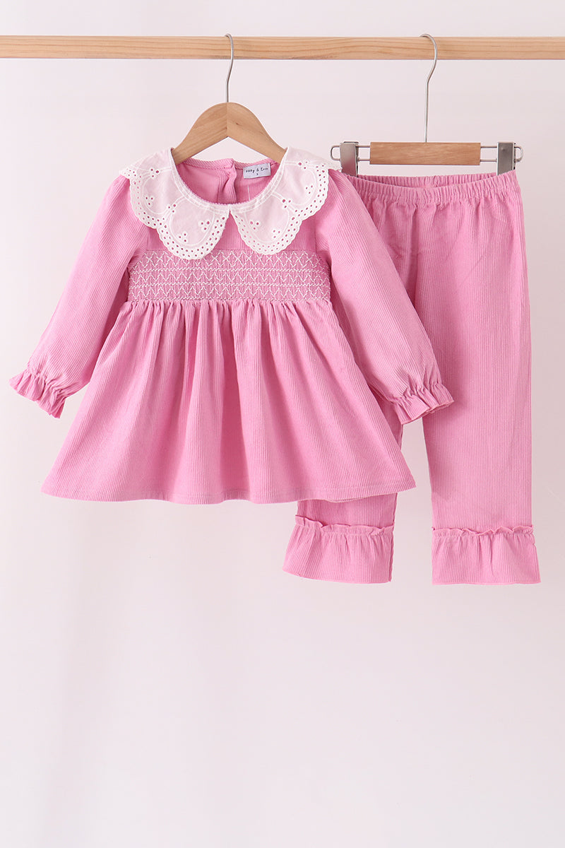 Pink Corduroy Lace Smocked Ruffle Pants Set for Baby & Girl