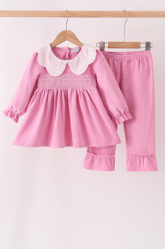 Pink Corduroy Lace Smocked Ruffle Pants Set for Baby & Girl