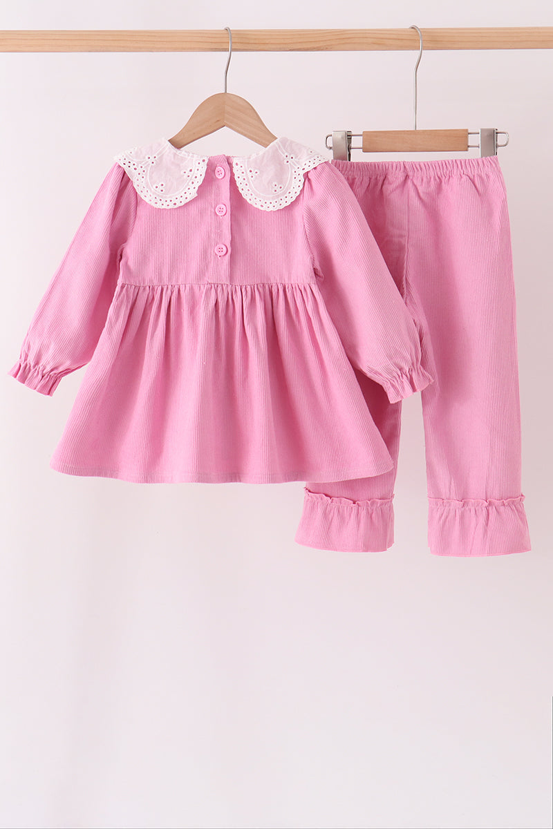 Pink Corduroy Lace Smocked Ruffle Pants Set for Baby & Girl