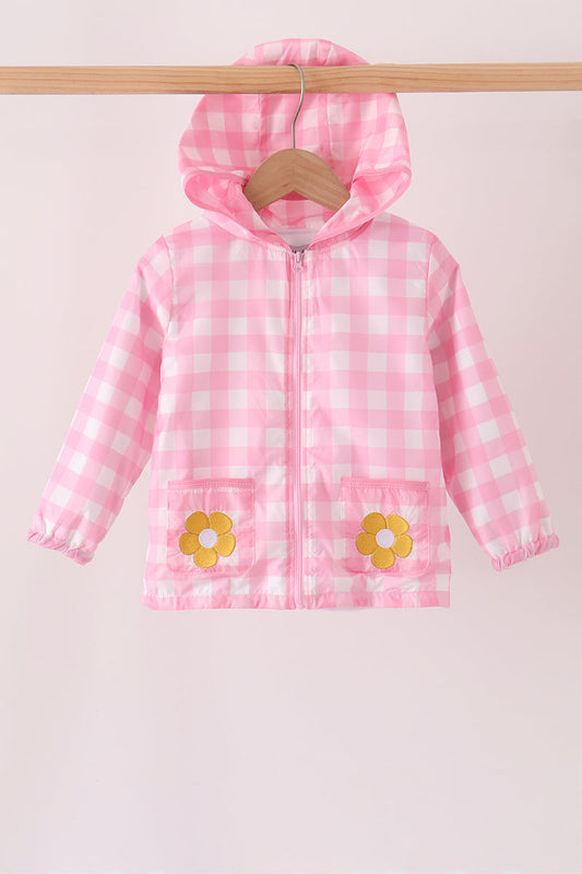 Pink Floral Embroidery Gingham Raincoat