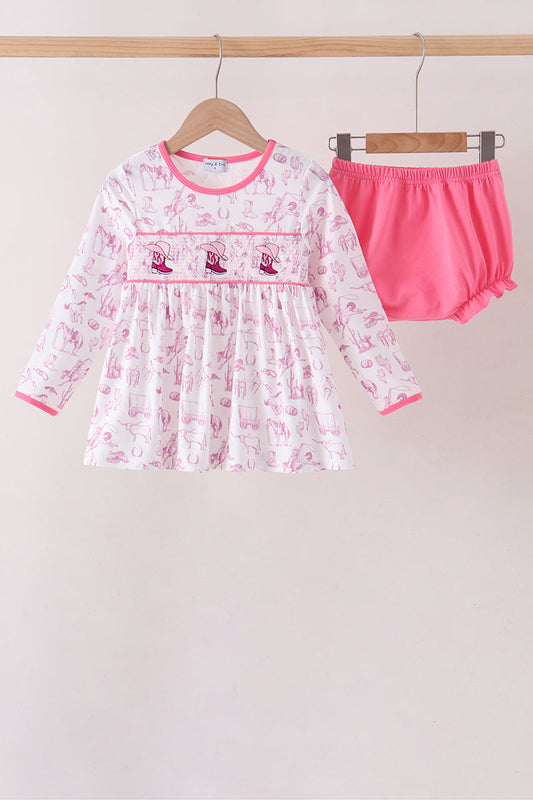 Pink Cowboy Boots Smocked Bloomer Set