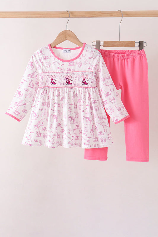 Girls Pink Cowboy Boots Smocked Pants Set
