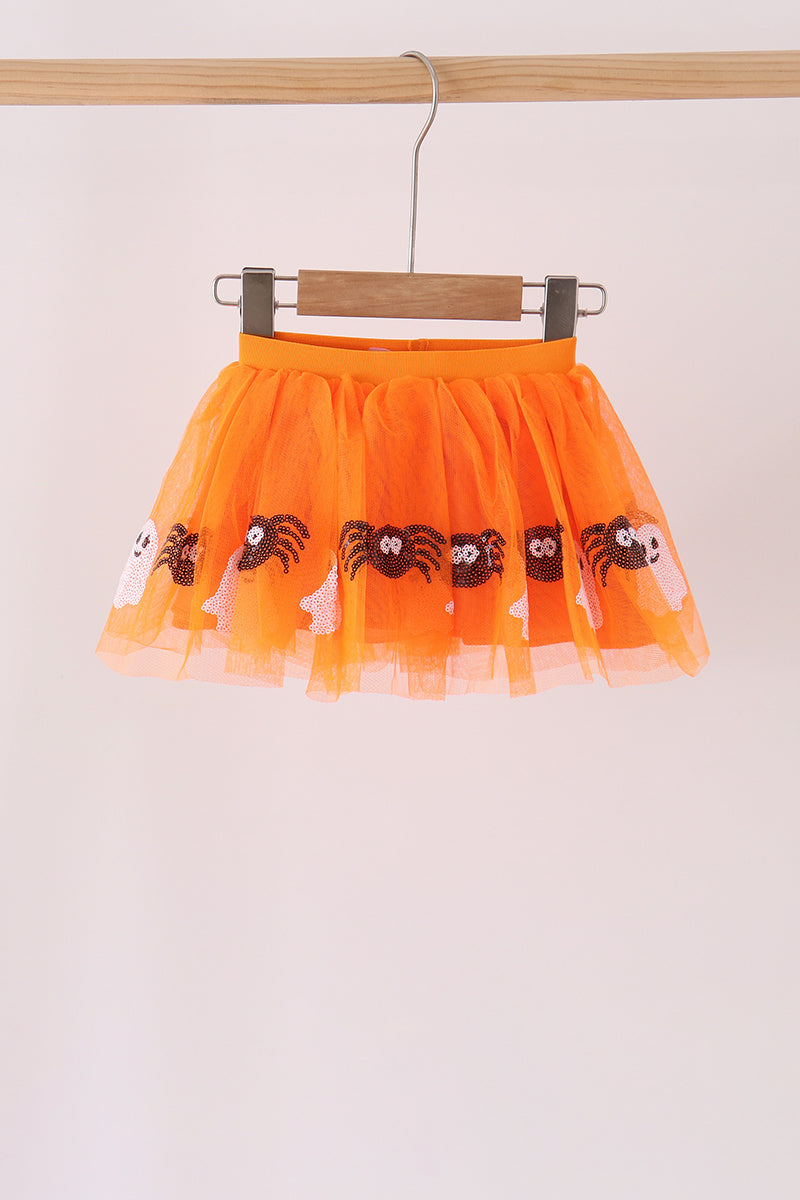 Girls Halloween Orange Spider Ghost Sequin Tutu Skirt