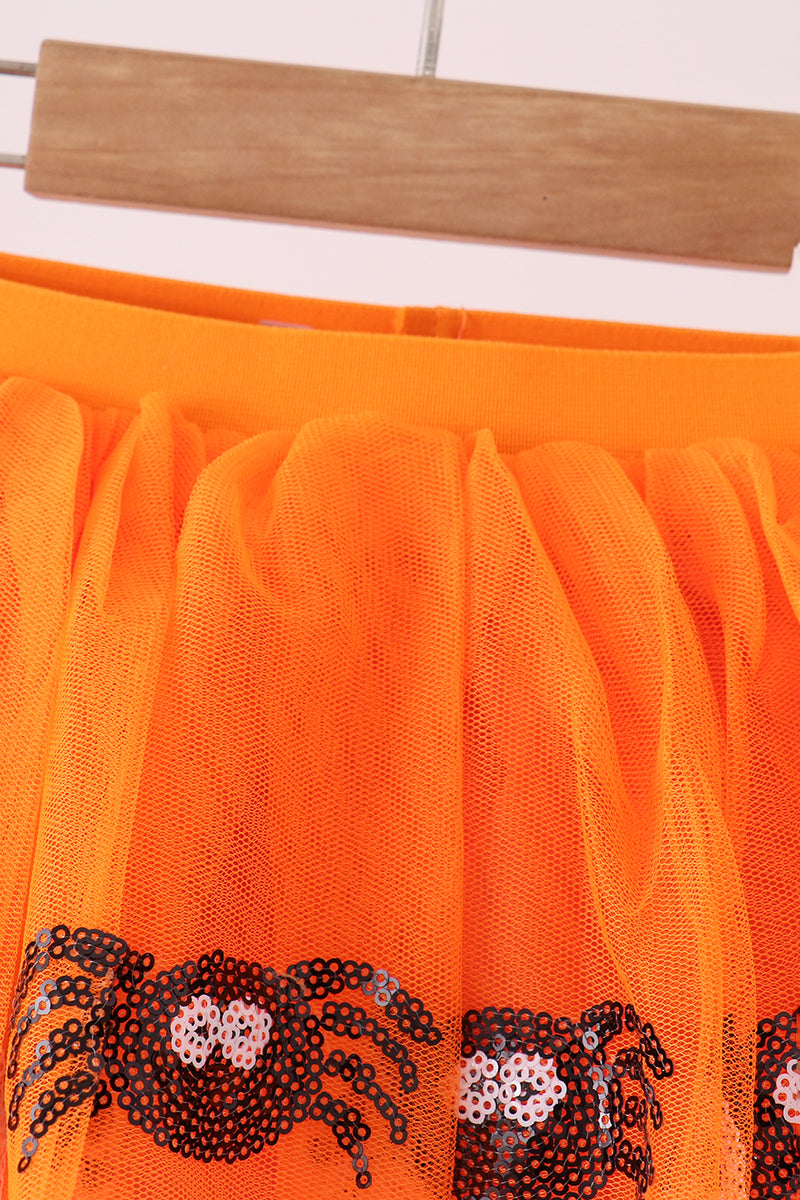 Girls Halloween Orange Spider Ghost Sequin Tutu Skirt