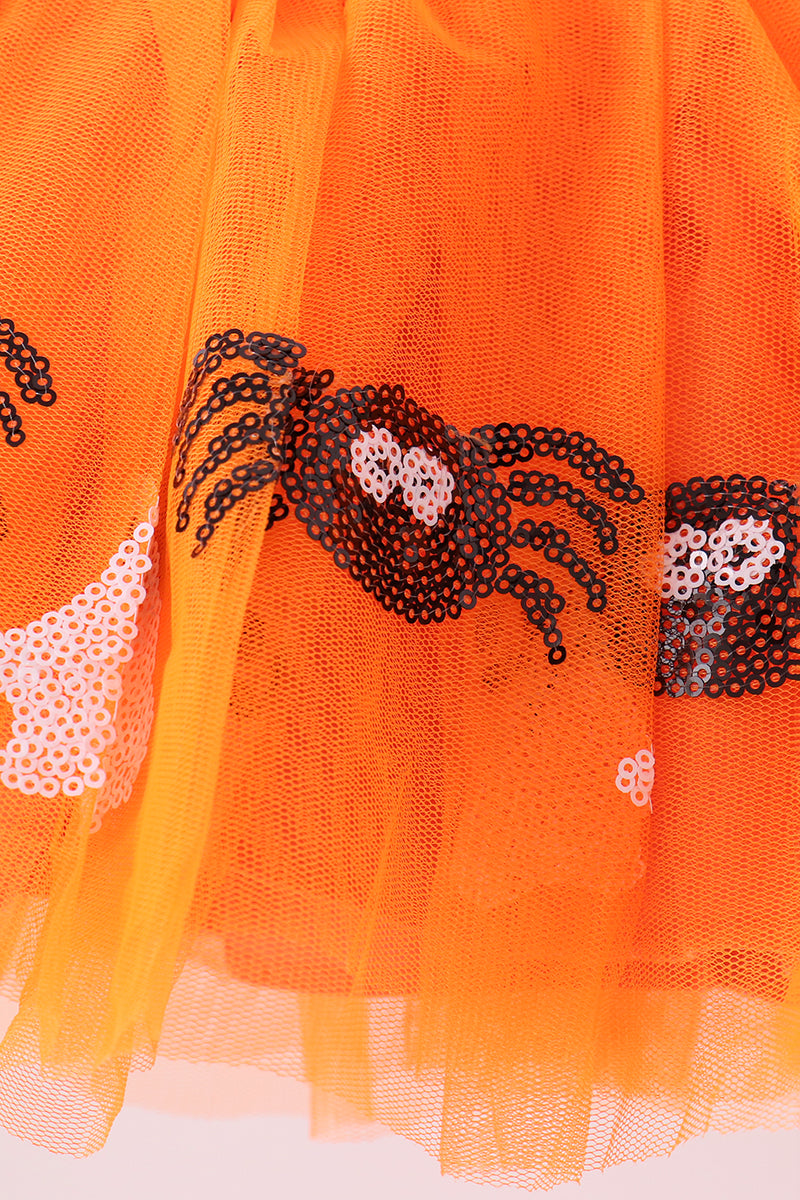 Girls Halloween Orange Spider Ghost Sequin Tutu Skirt