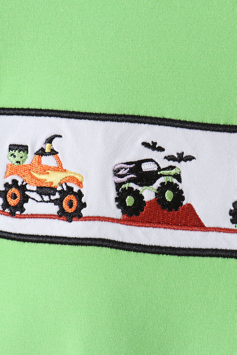 Baby Boy Green Monster Truck Embroidery Checkered Romper