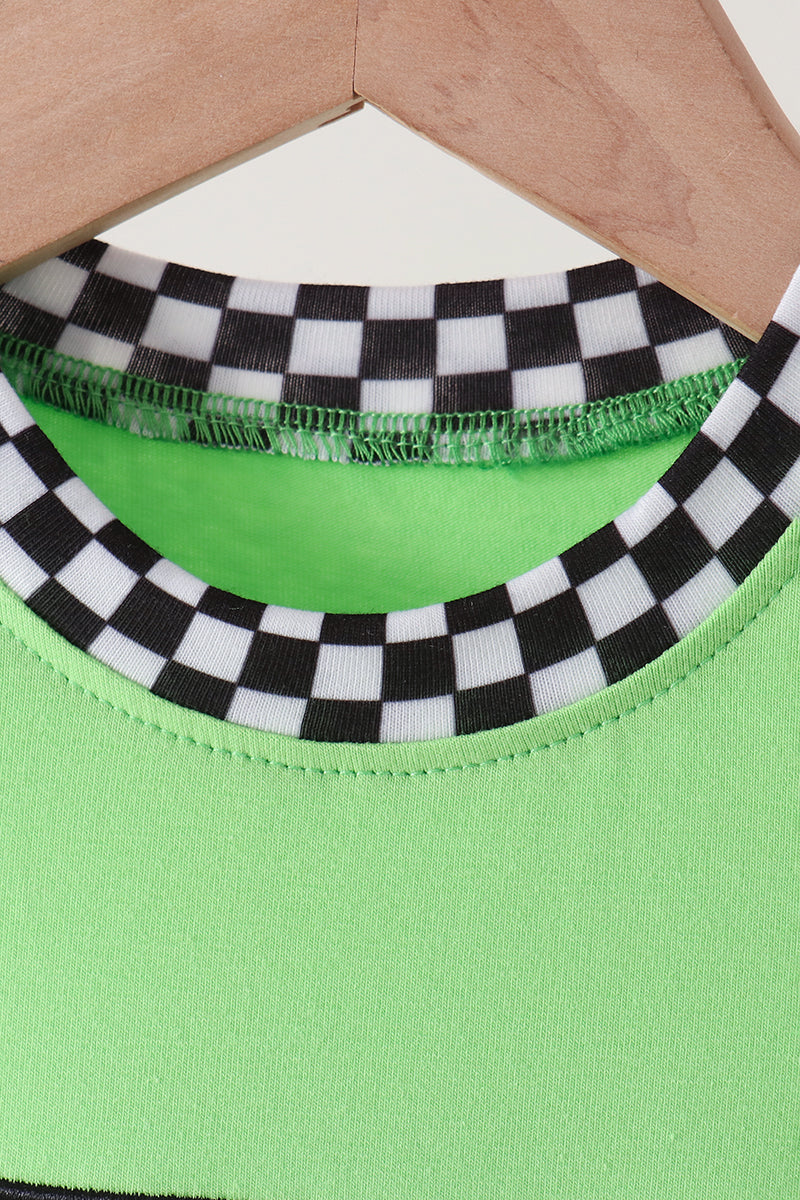 Baby Boy Green Monster Truck Embroidery Checkered Romper