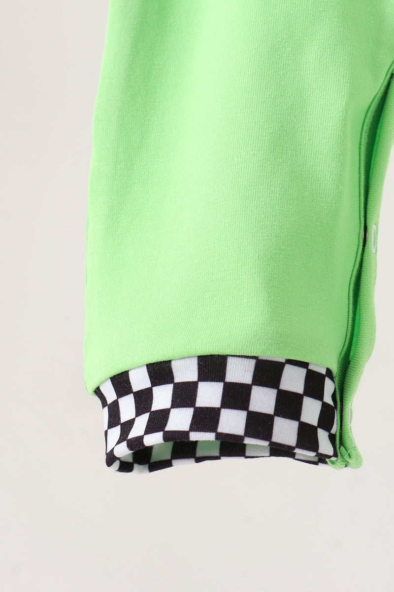 Baby Boy Green Monster Truck Embroidery Checkered Romper