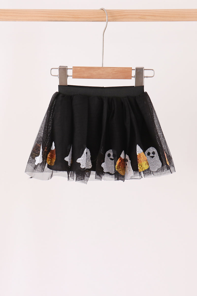 Girls Halloween Black Candy Ghost Sequin Tutu Skirt