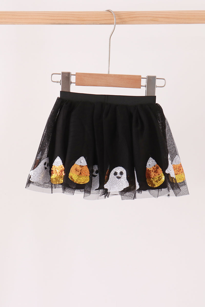 Girls Halloween Black Candy Ghost Sequin Tutu Skirt