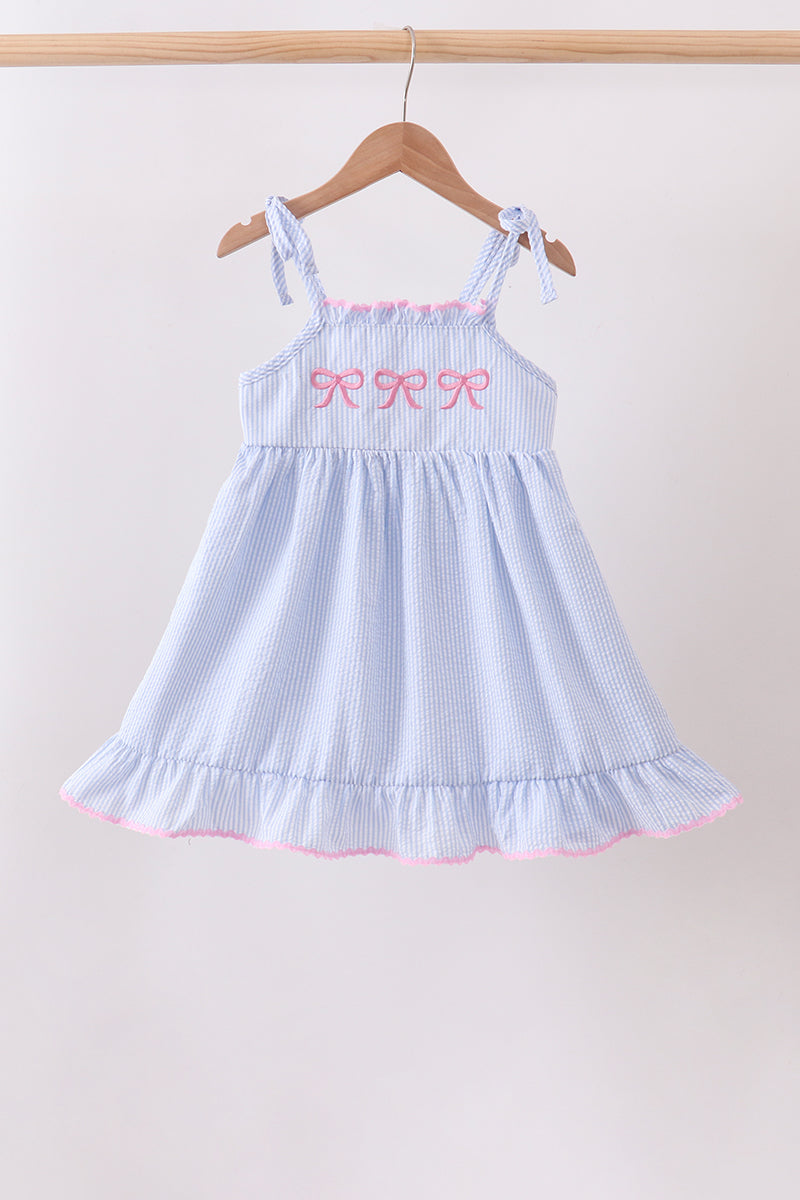 Girls Blue Bow Embroidered Stripe Ruffle Dress