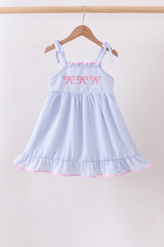 Girls Blue Bow Embroidered Stripe Ruffle Dress