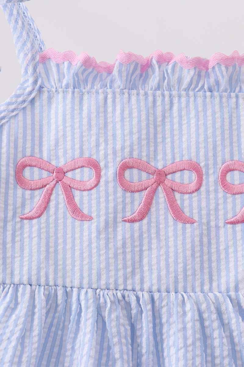 Girls Blue Bow Embroidered Stripe Ruffle Dress
