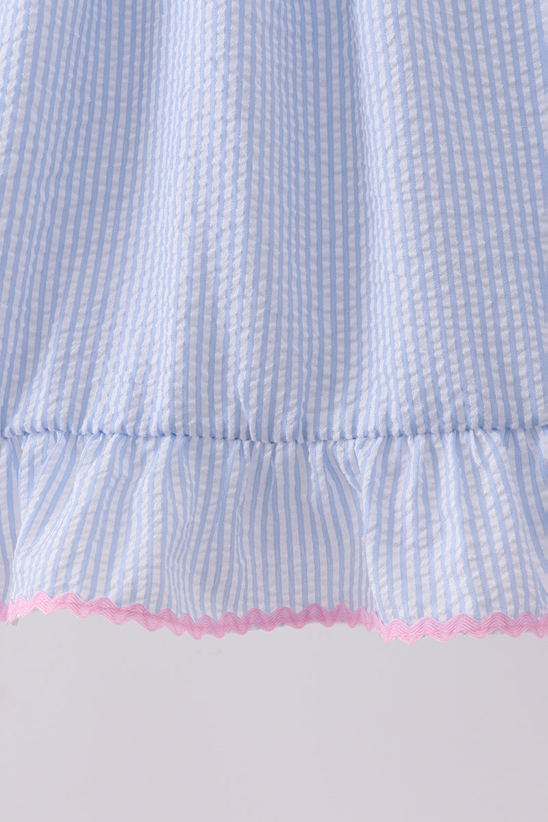 Girls Blue Bow Embroidered Stripe Ruffle Dress