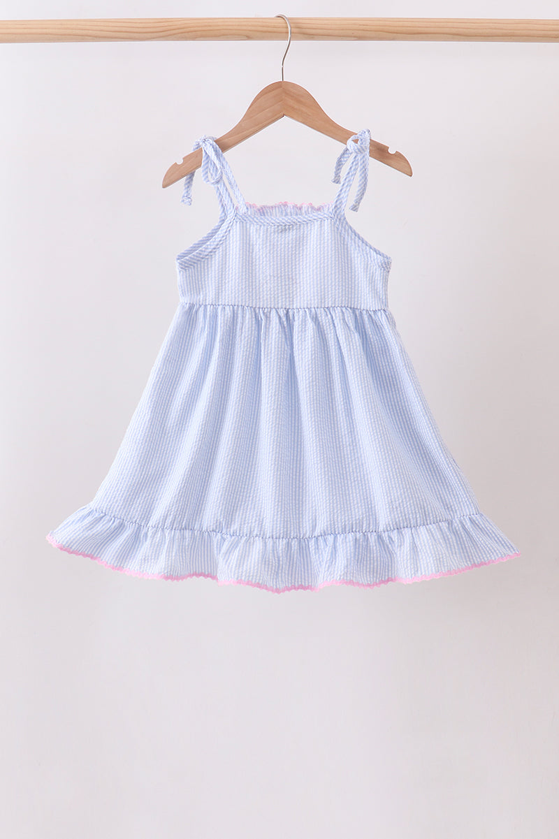 Girls Blue Bow Embroidered Stripe Ruffle Dress