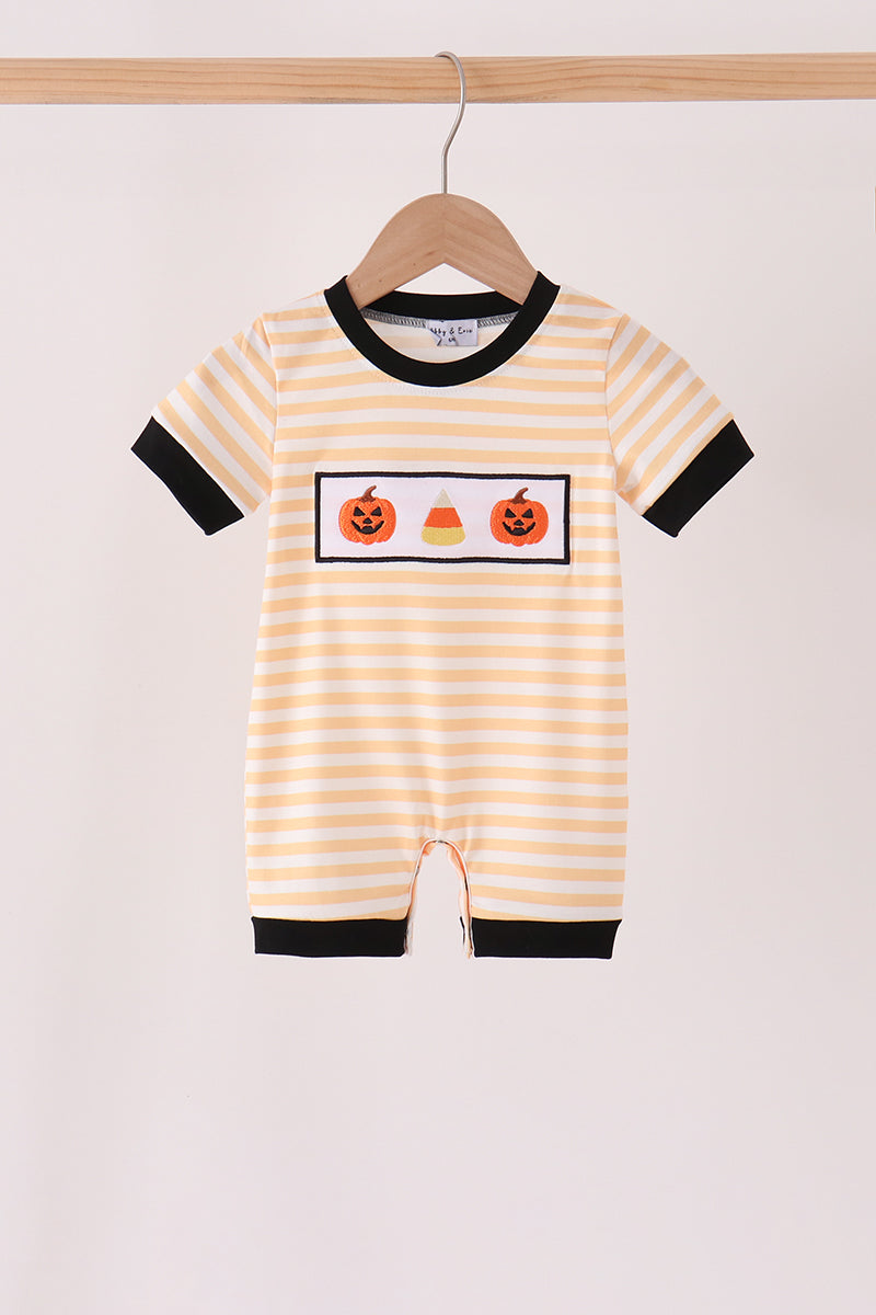 Baby Boy Pumpkin Embroidery Stripe Romper