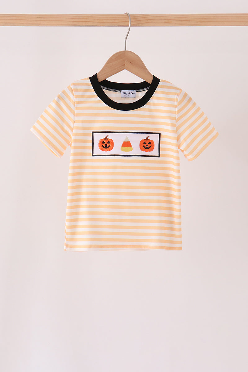 Boys Pumpkin Embroidery Stripe Top