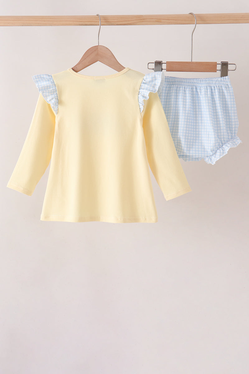 Long Sleeve Baby Toddler Girl Beige Oz Character Embroidery Gingham Bloomer Set