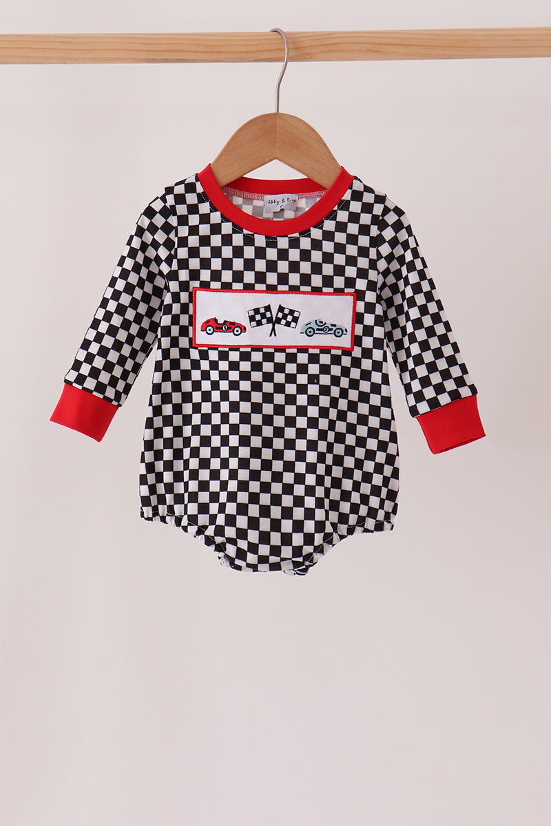Baby Boy Black Car Racing Embroidery Bubble Checkered