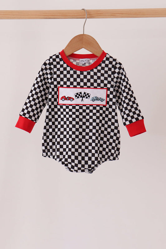 Baby Boy Black Car Racing Embroidery Bubble Checkered