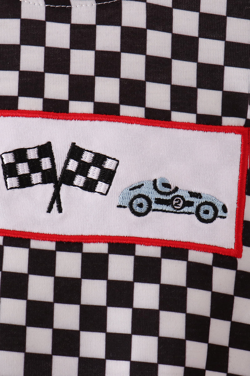 Baby Boy Black Car Racing Embroidery Bubble Checkered