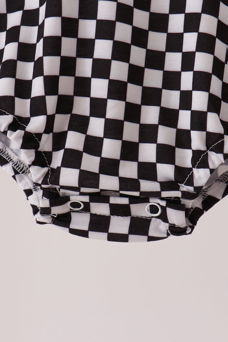 Baby Boy Black Car Racing Embroidery Bubble Checkered