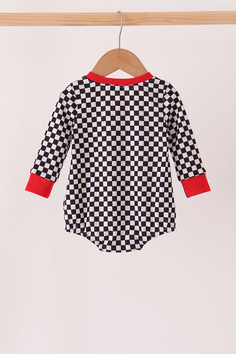 Baby Boy Black Car Racing Embroidery Bubble Checkered