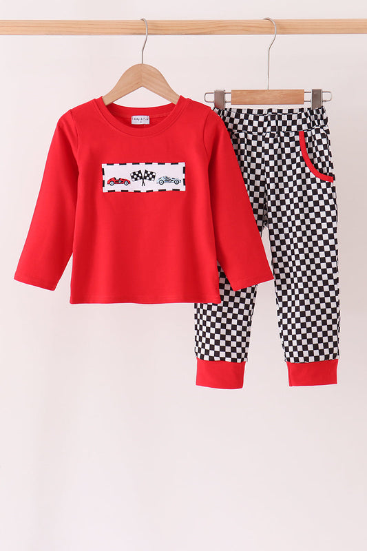 Boys Racing Car Embroidery Checkered Pants Set