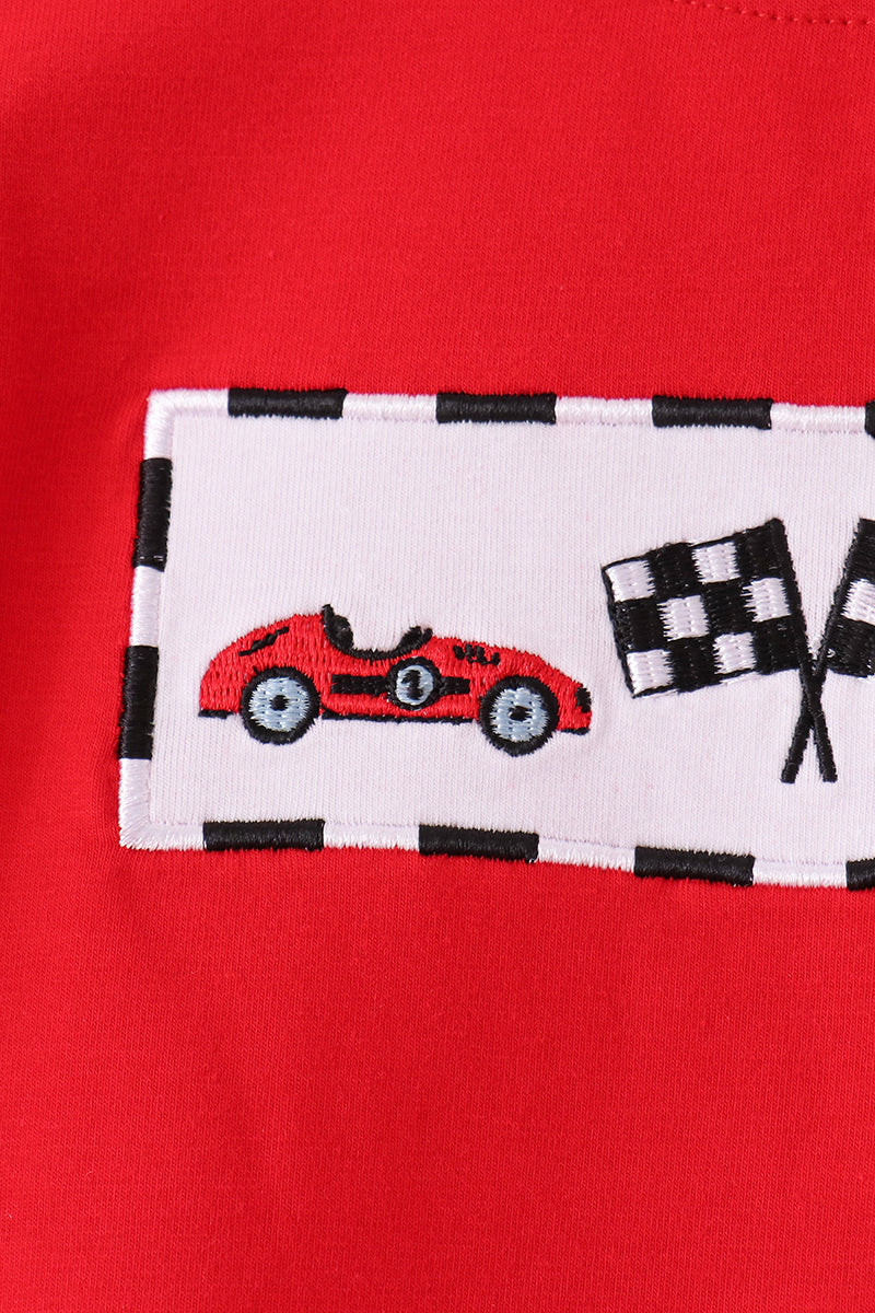 Boys Racing Car Embroidery Checkered Pants Set