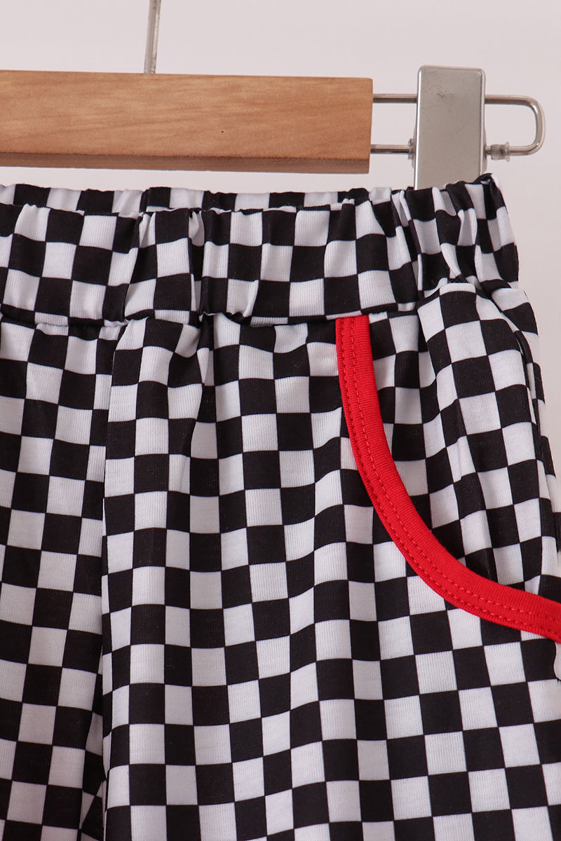 Boys Racing Car Embroidery Checkered Pants Set