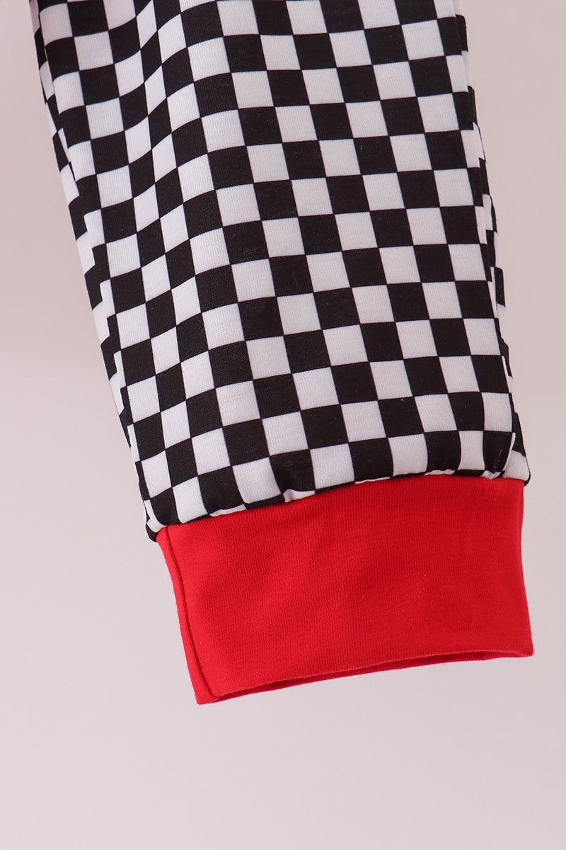 Boys Racing Car Embroidery Checkered Pants Set