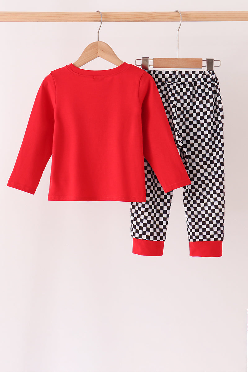 Boys Racing Car Embroidery Checkered Pants Set