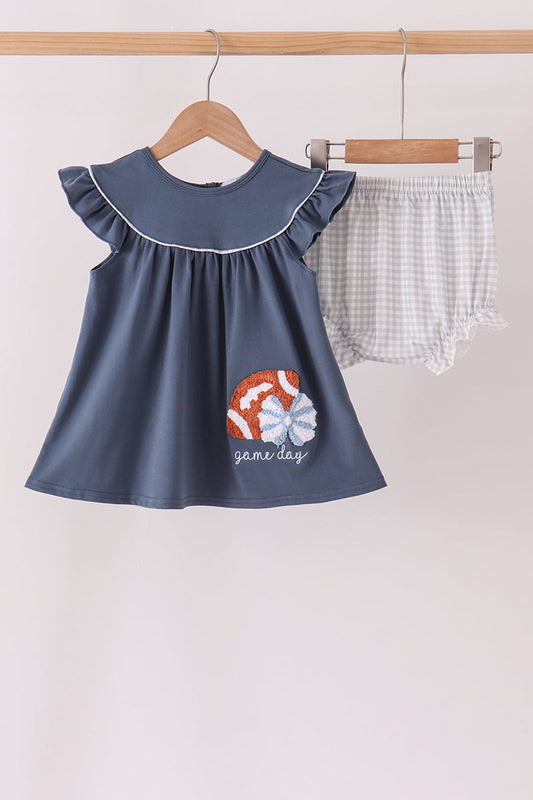 Navy Football Bow French Knot Bloomer Set