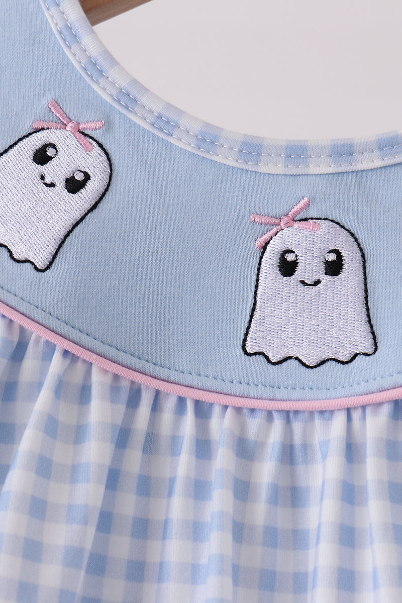 Blue Ghost Embroidery Gingham Ruffle Pants Set