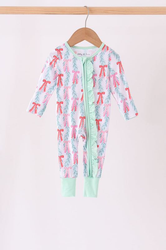 Green Bow Christmas Tree Bamboo Zipper Romper