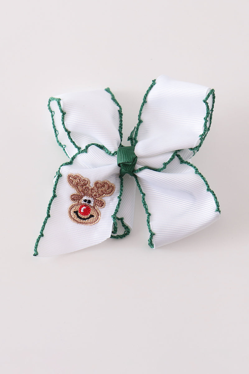 Rudolph Reindeer Embroidery Crochet Edge Hair Bow