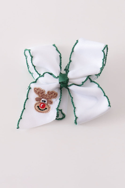 Rudolph Reindeer Embroidery Crochet Edge Hair Bow