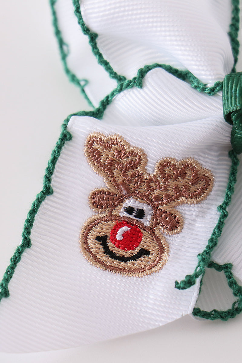 Rudolph Reindeer Embroidery Crochet Edge Hair Bow