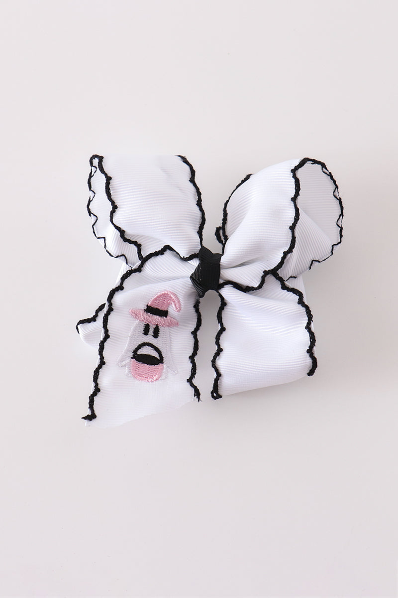 Pink Black White Ghost Embroidery Crochet Edge Hair Bow