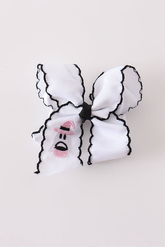 Pink Black White Ghost Embroidery Crochet Edge Hair Bow