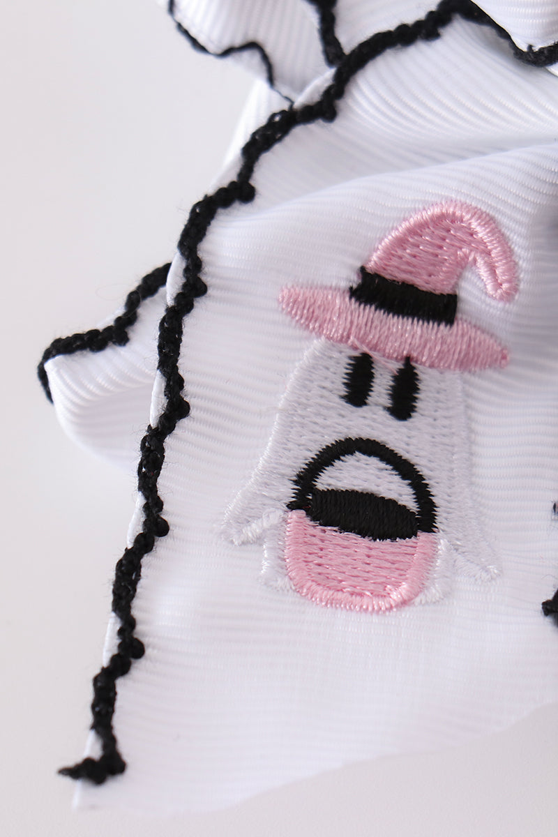 Pink Black White Ghost Embroidery Crochet Edge Hair Bow